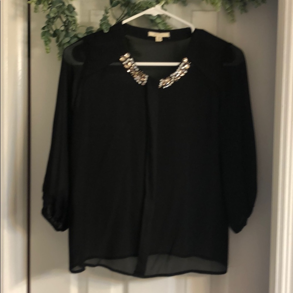 Sheer back top with jeweled collar